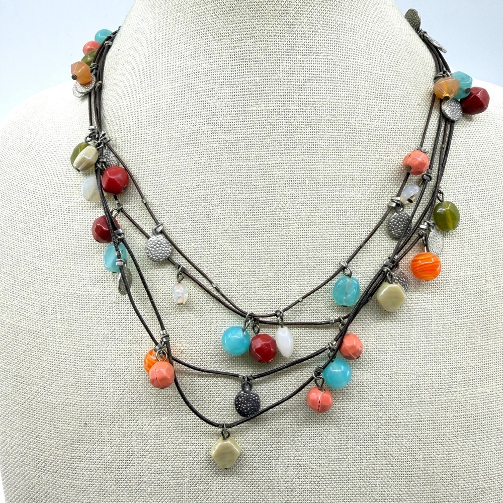 Multicolor Bead Charm Multi Strand Brown Cord Necklace Silver Tone Statement